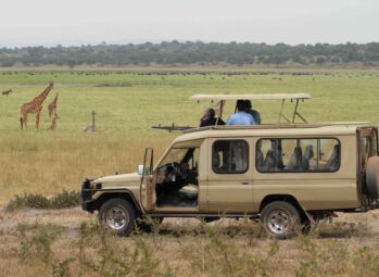 Safari vehicle on a game drive in Uganda national parks with giraffes