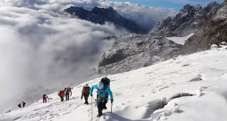 Rwenzori Mountains National Park: Complete Guide to Hiking the Mountains of the Moon Climbers crossing a snowfield high in Rwenzori Mountains National Park