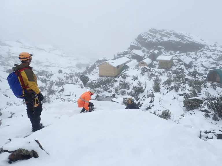 Rwenzori Mountains National Park: Complete Guide to Hiking the Mountains of the Moon Trekkers at a snowy mountain hut camp in Rwenzori Mountains National Park
