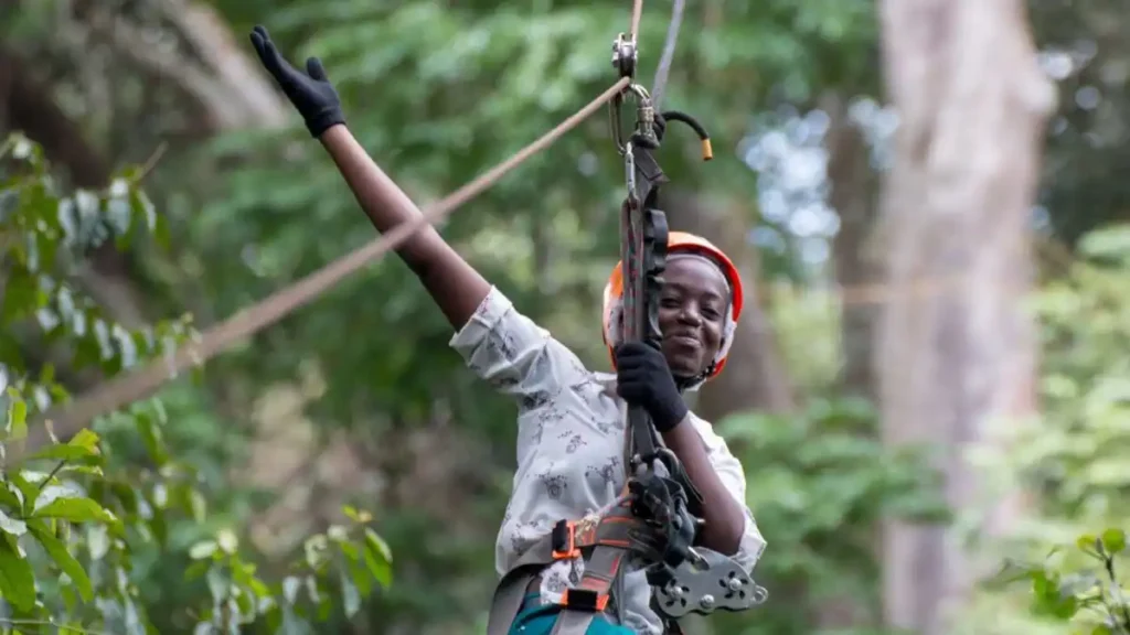 Visitor ziplining through the canopy of Mabira Forest, a hidden gem in Uganda