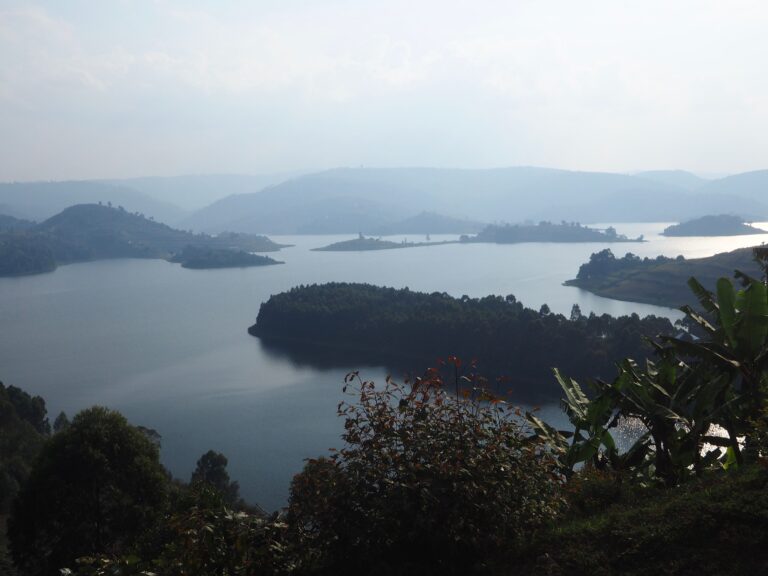 Islands and terraced hills of Lake Bunyonyi in southwestern Uganda