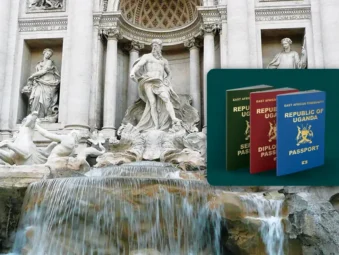 Schengen visa for Ugandans: Ugandan passports and the Trevi Fountain in Rome